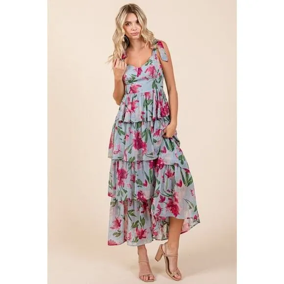 Mittoshop Layered Floral Pattern Sweetheart Neck Ruffled Maxi Dress | Dusty Blue