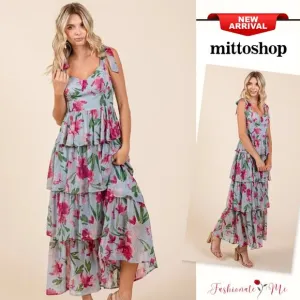 Mittoshop Layered Floral Pattern Sweetheart Neck Ruffled Maxi Dress | Dusty Blue
