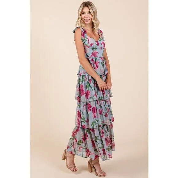 Mittoshop Layered Floral Pattern Sweetheart Neck Ruffled Maxi Dress | Dusty Blue