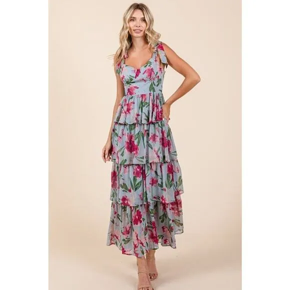 Mittoshop Layered Floral Pattern Sweetheart Neck Ruffled Maxi Dress | Dusty Blue