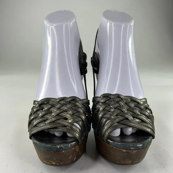 Miu Miu Nappa Heels Mules US 7 Woven Pewter Leather Slingback Shoes Pumps