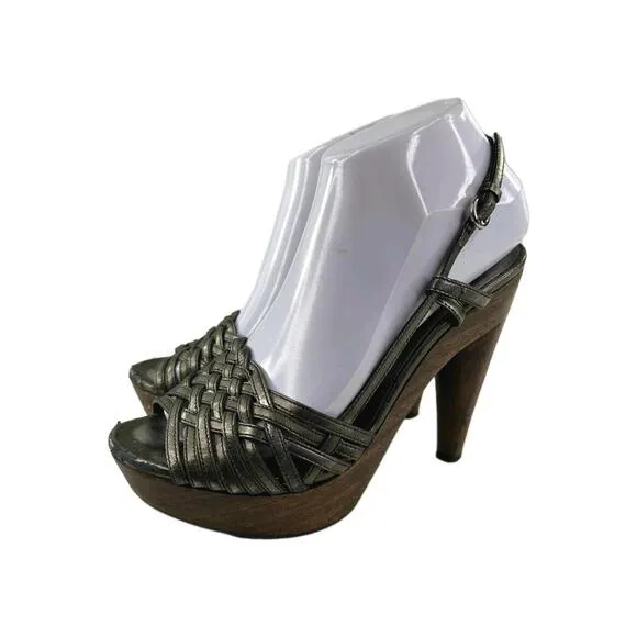 Miu Miu Nappa Heels Mules US 7 Woven Pewter Leather Slingback Shoes Pumps