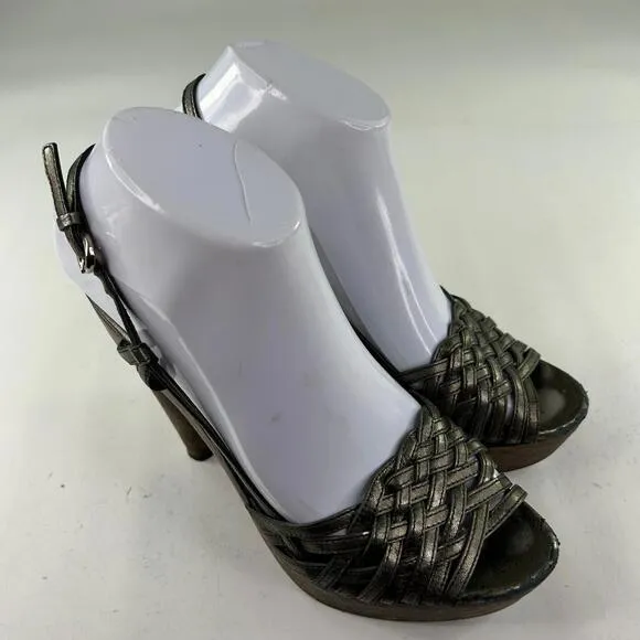 Miu Miu Nappa Heels Mules US 7 Woven Pewter Leather Slingback Shoes Pumps