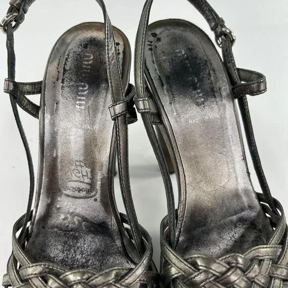 Miu Miu Nappa Heels Mules US 7 Woven Pewter Leather Slingback Shoes Pumps