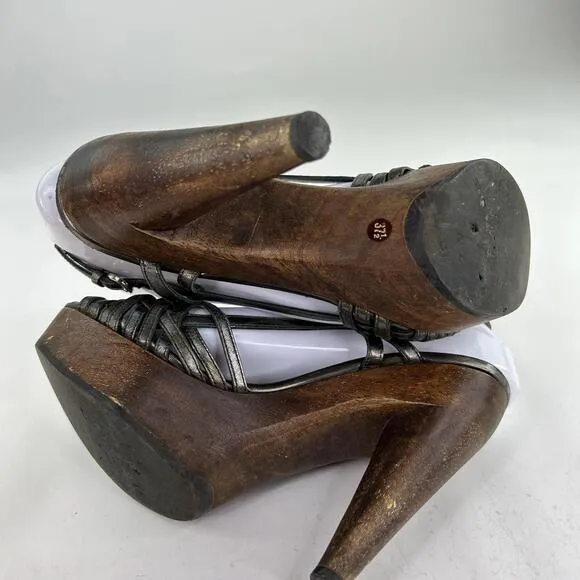 Miu Miu Nappa Heels Mules US 7 Woven Pewter Leather Slingback Shoes Pumps