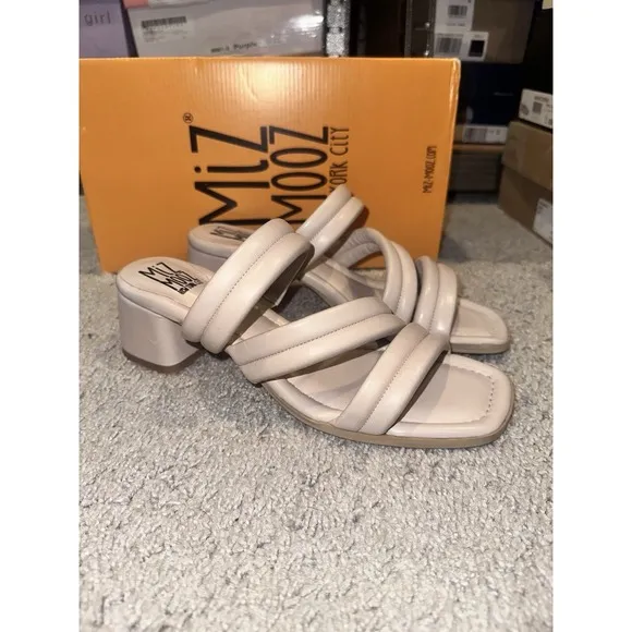 Miz Mooz Leather Triple-Strap Heeled Sandals - Oceana Cream Womens Size 8 Shoes