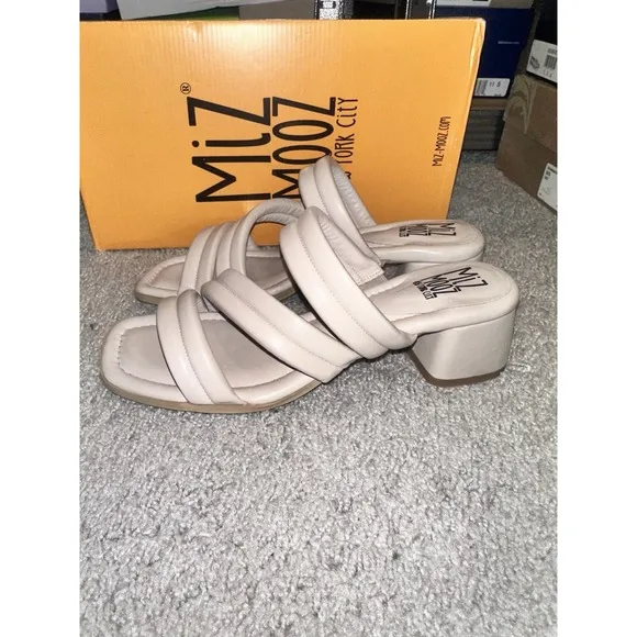 Miz Mooz Leather Triple-Strap Heeled Sandals - Oceana Cream Womens Size 8 Shoes