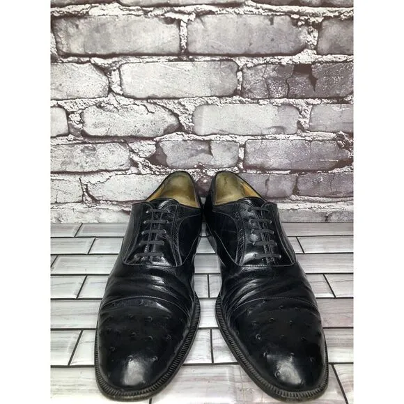 MORESCHI Black Leather Ostrich Cap Toe Oxfords Dress Shoes Men’s Sz 12M US/45EU