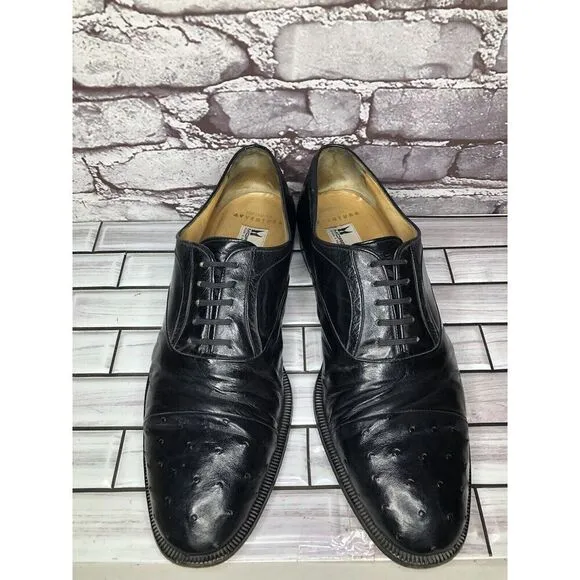 MORESCHI Black Leather Ostrich Cap Toe Oxfords Dress Shoes Men’s Sz 12M US/45EU