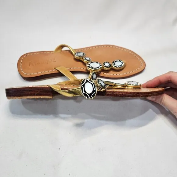 Mystique Womens Mother Of Pearl Leather Flip Flop Sandals Size 8 Gold Vacation