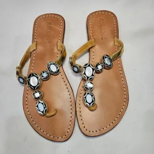 Mystique Womens Mother Of Pearl Leather Flip Flop Sandals Size 8 Gold Vacation