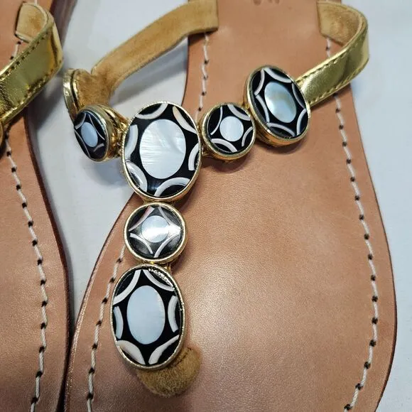 Mystique Womens Mother Of Pearl Leather Flip Flop Sandals Size 8 Gold Vacation