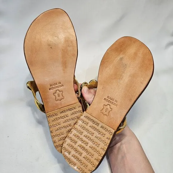Mystique Womens Mother Of Pearl Leather Flip Flop Sandals Size 8 Gold Vacation