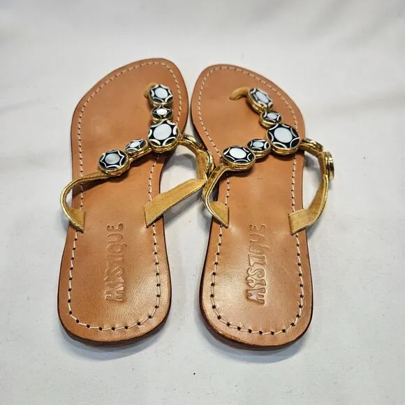 Mystique Womens Mother Of Pearl Leather Flip Flop Sandals Size 8 Gold Vacation