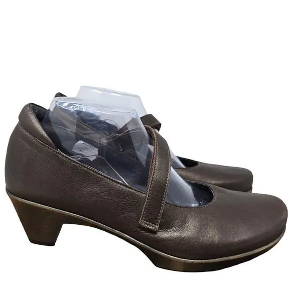 Naot Brown Leather Slip On Mary Jane Shoel 2&quot; Heel 41 US 10 - 10.5