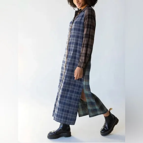 Natural Life 100% Cotton Flannel Esme Plaid Long Maxi Shirt Dress Large NWT