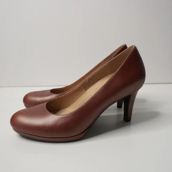 Naturalizer Michelle Pumps Brown Leather Heels 8 Wide Shoes Office Almond Toe