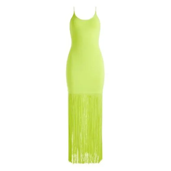 NEW Alice   Olivia Steph Scoop Neck Fringe Dress Midi Slim Bodycon Citron Size 6