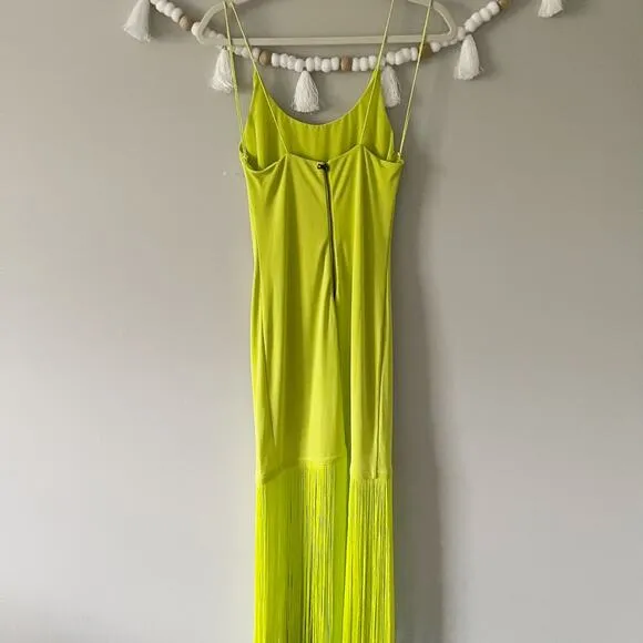 NEW Alice   Olivia Steph Scoop Neck Fringe Dress Midi Slim Bodycon Citron Size 6