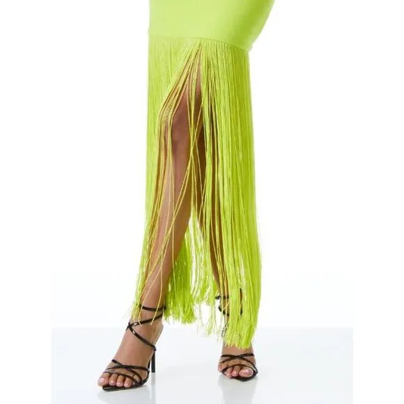 NEW Alice   Olivia Steph Scoop Neck Fringe Dress Midi Slim Bodycon Citron Size 6