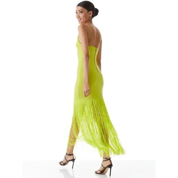 NEW Alice   Olivia Steph Scoop Neck Fringe Dress Midi Slim Bodycon Citron Size 6