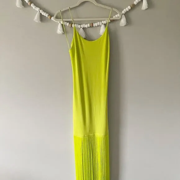 NEW Alice   Olivia Steph Scoop Neck Fringe Dress Midi Slim Bodycon Citron Size 6