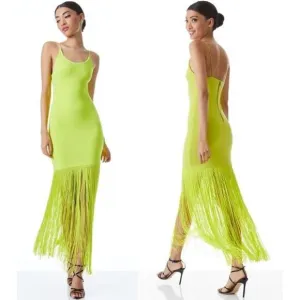 NEW Alice   Olivia Steph Scoop Neck Fringe Dress Midi Slim Bodycon Citron Size 6