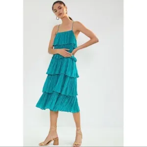 NEW Anthropologie Tiered Blue Green Metallic Ruffled Flapper Midi Dress Large
