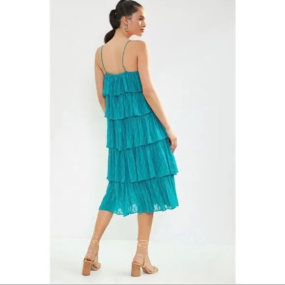 NEW Anthropologie Tiered Blue Green Metallic Ruffled Flapper Midi Dress Large