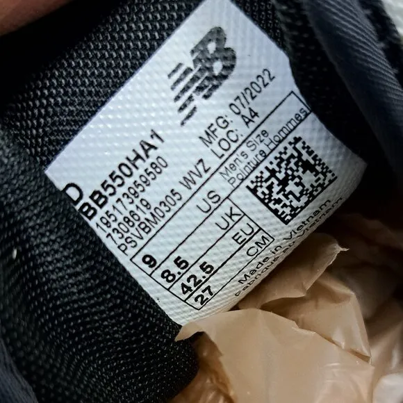 New Balance 550 Oreo BB550HA1 Size 9 Men Black White Shoes Sneakers
