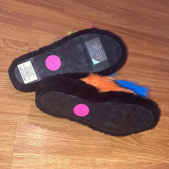 New Black Fluff UGG party spots Rainbow Sandals