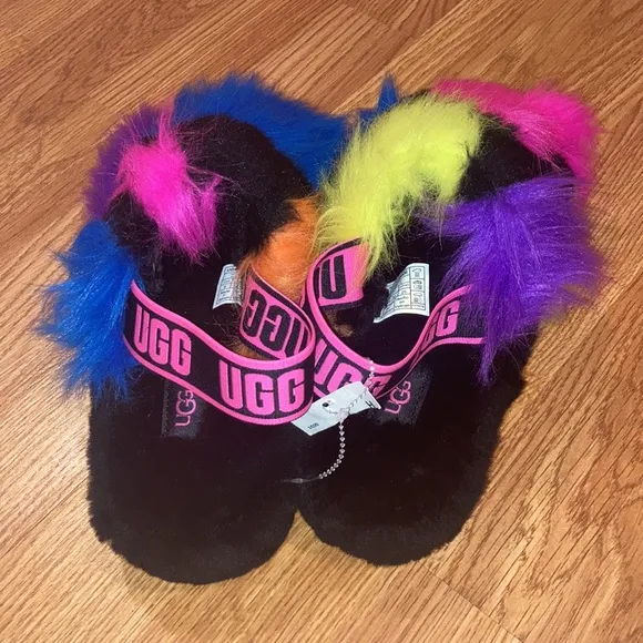 New Black Fluff UGG party spots Rainbow Sandals