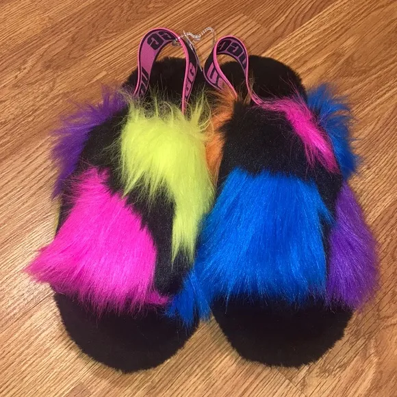 New Black Fluff UGG party spots Rainbow Sandals