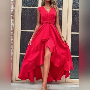 NEW Chic High Low Ruffle Hem Maxi Dress Red