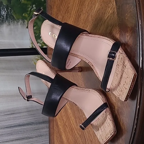 New! Coach Kit Sandal Womens 6 black gold leather sling back heel sandals