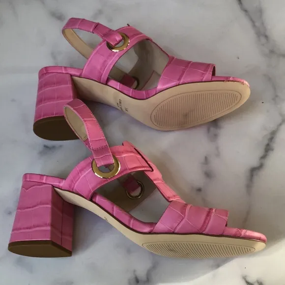 NEW Cole Hann Pink Embossed Leather Croc Block Heel Sandals Ankle Strap 7.5 NEW