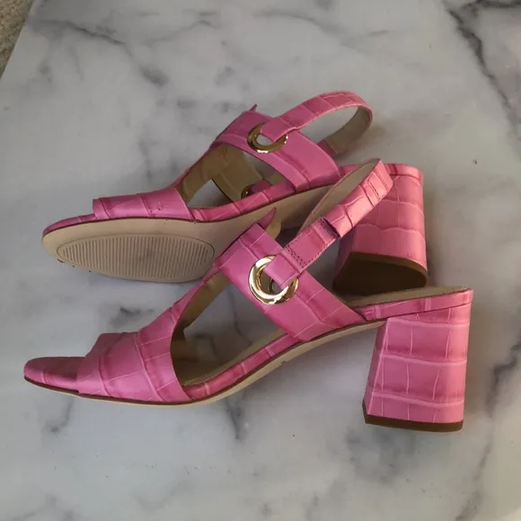 NEW Cole Hann Pink Embossed Leather Croc Block Heel Sandals Ankle Strap 7.5 NEW