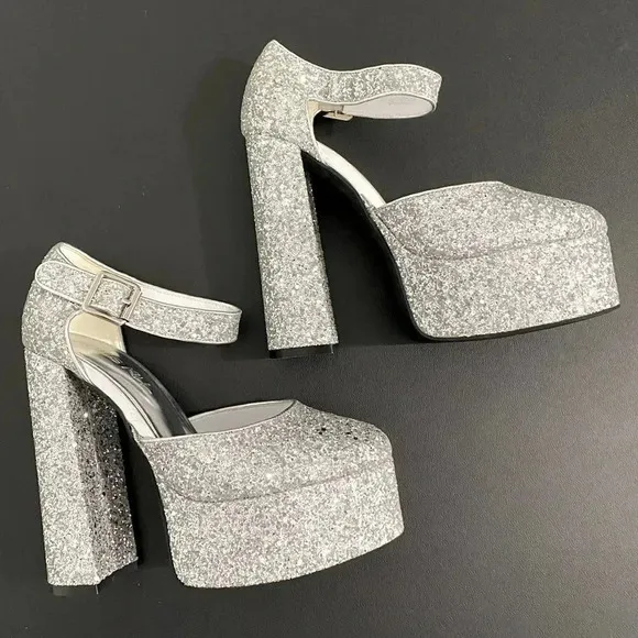 New Dolls Kill Trick N Treatz Silver Glitter Mary Jane Heels Rave Disco Platform