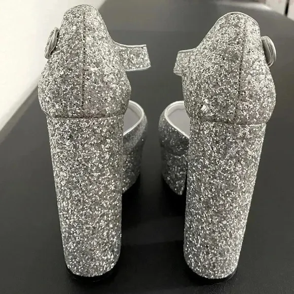 New Dolls Kill Trick N Treatz Silver Glitter Mary Jane Heels Rave Disco Platform