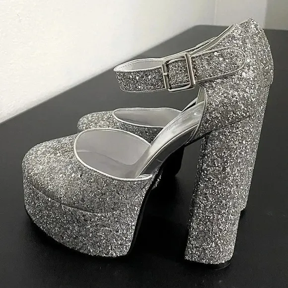 New Dolls Kill Trick N Treatz Silver Glitter Mary Jane Heels Rave Disco Platform