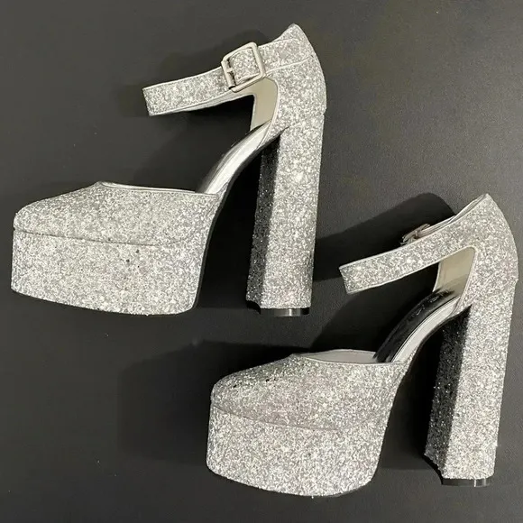 New Dolls Kill Trick N Treatz Silver Glitter Mary Jane Heels Rave Disco Platform