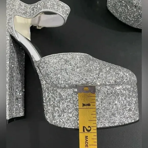 New Dolls Kill Trick N Treatz Silver Glitter Mary Jane Heels Rave Disco Platform