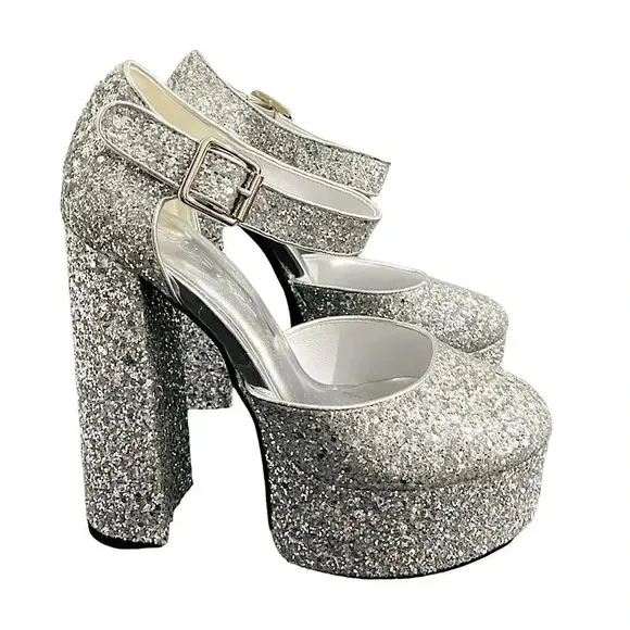 New Dolls Kill Trick N Treatz Silver Glitter Mary Jane Heels Rave Disco Platform