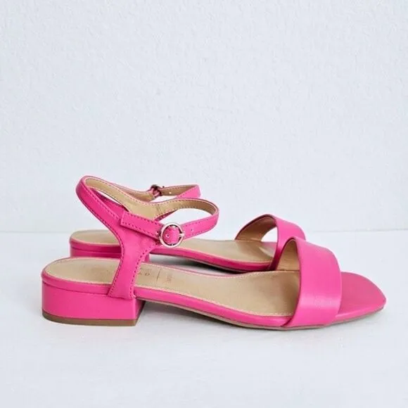 New! Faux Leather Barbie Pink Block Heel Square Toe Sandals