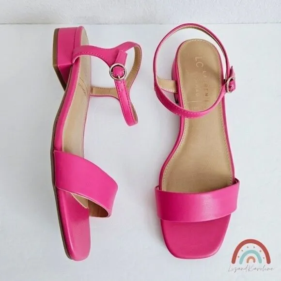 New! Faux Leather Barbie Pink Block Heel Square Toe Sandals