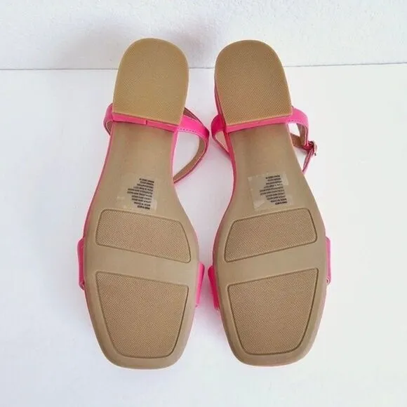 New! Faux Leather Barbie Pink Block Heel Square Toe Sandals