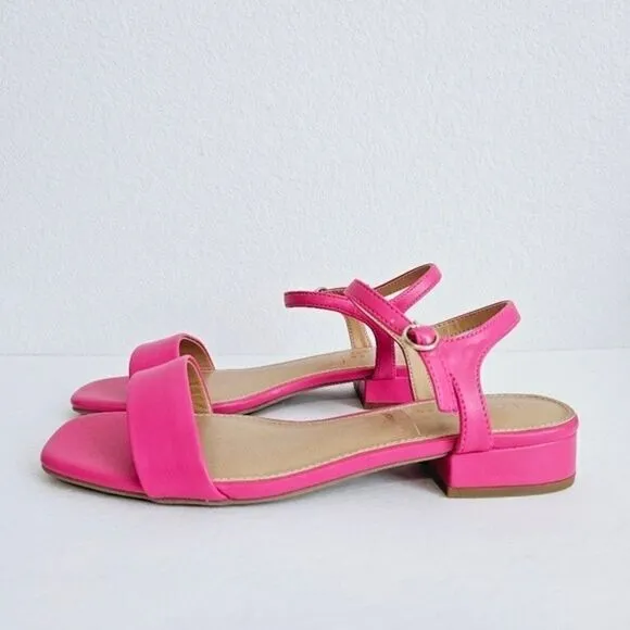 New! Faux Leather Barbie Pink Block Heel Square Toe Sandals