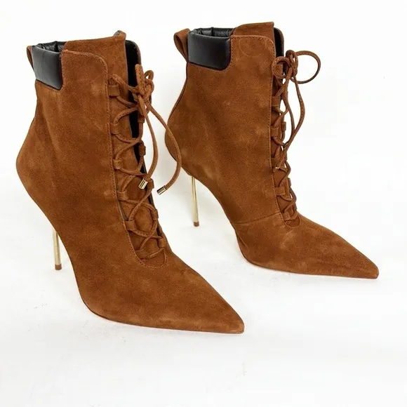NEW Good American Rust Orange Suede Leather Lace Up Gold Stiletto High Heels