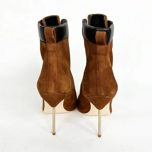NEW Good American Rust Orange Suede Leather Lace Up Gold Stiletto High Heels