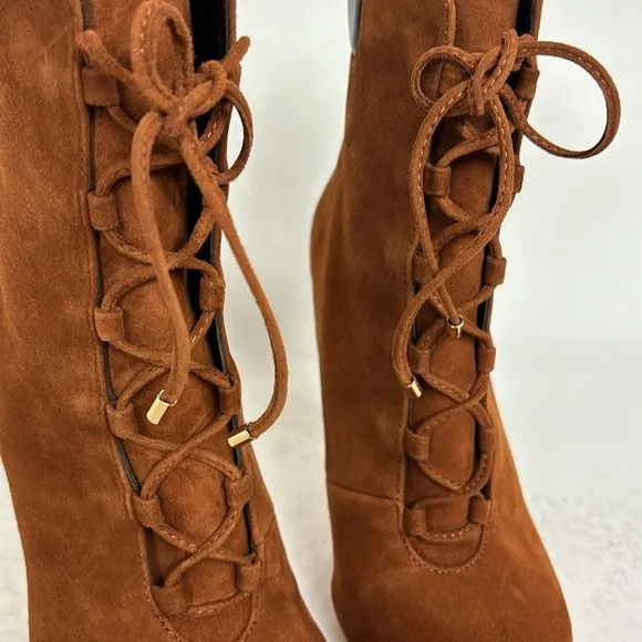 NEW Good American Rust Orange Suede Leather Lace Up Gold Stiletto High Heels